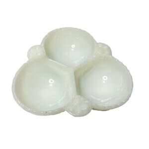 Anchor Hocking Hobnail Milk Glass Dish 6.5" White Divided Relish Vintage Handles